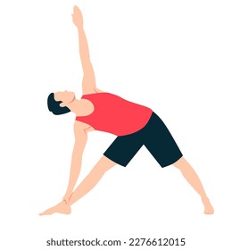 Man doing revolved triangle yoga pose 