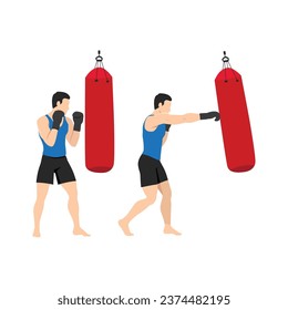 Hombre cruzando la mano derecha en el ejercicio de sacos de arena. Entrenando en boxeo. Ilustración vectorial plana aislada en fondo blanco