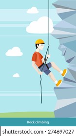 Man doing rock climbing. Young boy climber climbs up the cliff with a rope and accessories for climbers. Can be used for web banners, marketing and promotional materials, presentation templates 