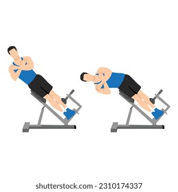 Man doing roman chair side bend or hyperextension bench side bends exercise. Flat vector illustration isolated on white background