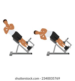 Man doing roman chair side bend or hyperextension bench side bends exercise. Flat vector illustration isolated on white background