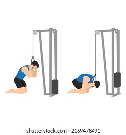 Man doing rope ab pulldown exercise. Flat vector illustration isolated on white background