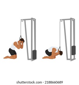 Man doing rope ab pulldown exercise. Flat vector illustration isolated on white background