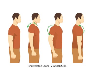 Man doing rotation shoulder exercise backward in 4 steps. Illustration about exercise for reduce and prevent office syndrome and neck pain.