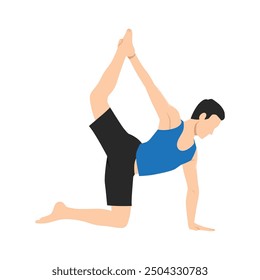 Man doing doing Royal Sunbird exercise, Chakravakasana, balancing cat caw easy variation. Flat vector illustration isolated on white background