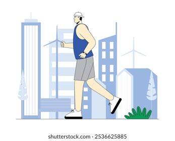 Man doing running exercise, modern urban life vector illustration.