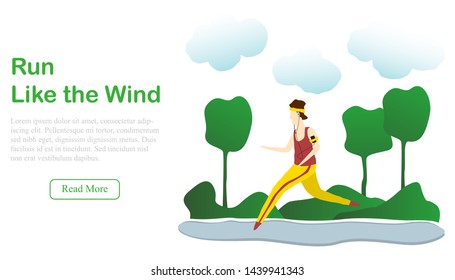 Man doing running workout in the park Landing page template with running People Healthy life concept People performing sports outdoor activities. Poster, banner template Flat style vector illustration