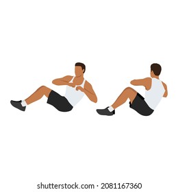 Man doing Russian twists exercise. Flat vector illustration isolated on white background