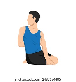 Man doing Sage Pose sanskrit or Bharadvajasana or bharadvaja twist. Flat vector illustration isolated on white background