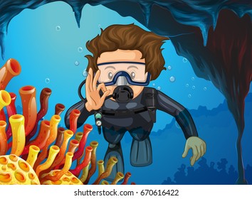 Man doing scuba diving under the ocean illustration