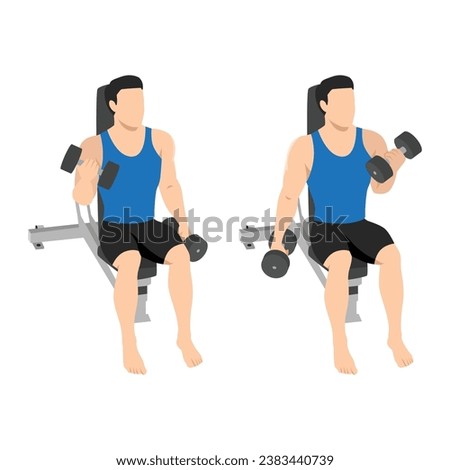 Man doing seated alternating bicep twist curl exercise. Flat vector illustration isolated on white background
