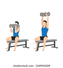 Man doing seated Arnold press on a bench exercise. Flat vector illustration isolated on white background