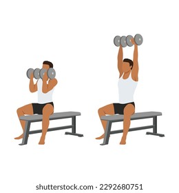 Man doing seated Arnold press on a bench exercise. Flat vector illustration isolated on white background