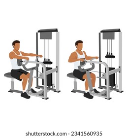 Man doing seated back row machine exercise. Flat vector illustration isolated on white background