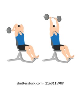 Man doing Seated barbell french press exercise. Flat vector illustration isolated on white background