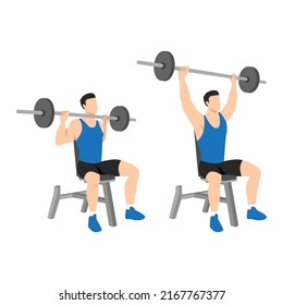 Man doing Seated barbell shoulder press exercise. Flat vector illustration isolated on white background