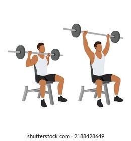 Man doing Seated barbell shoulder press exercise. Flat vector illustration isolated on white background