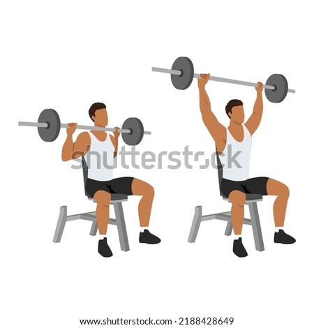 Man doing Seated barbell shoulder press exercise. Flat vector illustration isolated on white background