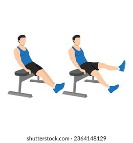 Man doing seated bench extended flutter kicks exercise. Flat vector illustration isolated on white background.