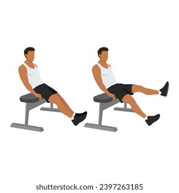 Man doing seated bench extended flutter kicks exercise. Flat vector illustration isolated on white background.