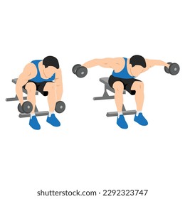 Man doing seated bent over rear delt raises exercise. Flat vector illustration isolated on white background