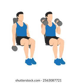 Man doing seated both arms dumbbell bicep hammer curls exercise. Flat vector illustration isolated on white background