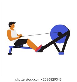 man doing a Seated Cable Row Workout, demonstrating proper posture and movement. The animation highlights the back and arm muscles engaging as he pulls the cable handle towards his torso