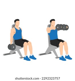 Man doing Seated Dual front raises exercise. Flat vector illustration isolated on white background