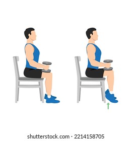 Hombre haciendo dobleces sentados o elevando el becerro. Mantenga ambas piernas en un ángulo de 90 grados. Extender los talones de empujar los dedos de los pies sobre el suelo y levantar los talones de empujar. Ilustración vectorial plana