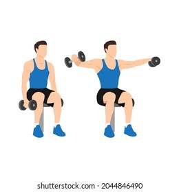 Man doing Seated dumbbell Lateral raises. Power partials exercise. Flat vector illustration isolated on white background