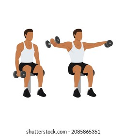 Man doing Seated dumbbell Lateral raises. Power partials exercise. Flat vector illustration isolated on white background