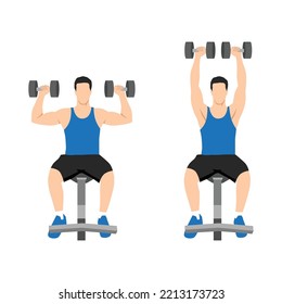 Man Doing Seated Dumbbell Overhead Shoulder Press . Top Body Workout. Upper Body Exercises. Flat Vector Illustration Isolated On White Background