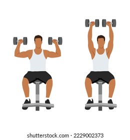 Man doing Seated Dumbbell overhead shoulder press . Top body workout. Upper body exercises. Flat vector illustration isolated on white background