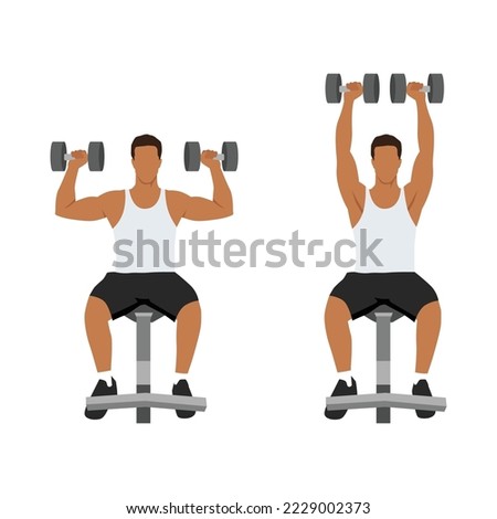 Man doing Seated Dumbbell overhead shoulder press . Top body workout. Upper body exercises. Flat vector illustration isolated on white background