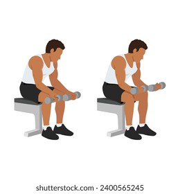 Man doing seated dumbbell palm up wrist curls or forearm curls. Flat vector illustration isolated on white background