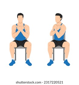 El hombre hace ejercicio de rotación glútea y lumbar o giro de silla. Ilustración vectorial plana aislada en fondo blanco