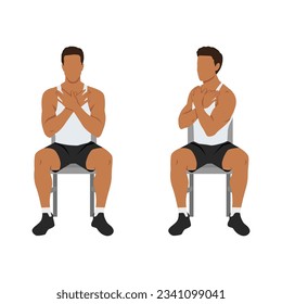 Man doing seated gluteal and lumbar rotation or chair twist exercise. Flat vector illustration isolated on white background