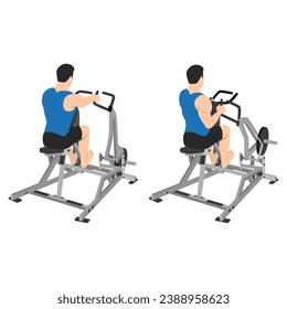 Man doing seated lever machine one arm row exercise. Flat vector illustration isolated on white background