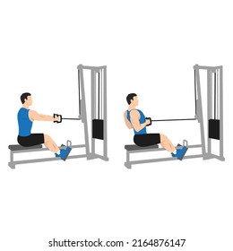 Hombre haciendo ejercicio de las filas de atrás del cable de Seated Low. Ilustración vectorial plana aislada en fondo blanco