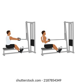 Man doing Seated Low cable back rows exercise. Flat vector illustration isolated on white background