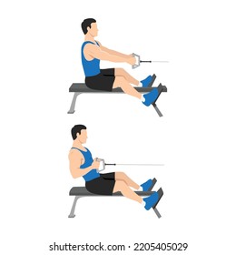 Man doing Seated Low cable back rows exercise. Flat vector illustration isolated on white background