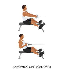 Man doing Seated Low cable back rows exercise. Flat vector illustration isolated on white background