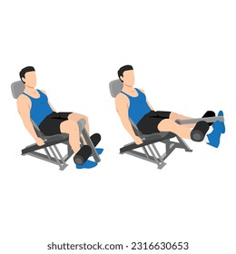 Man doing seated machine leg extensions exercise. Flat vector illustration isolated on white background