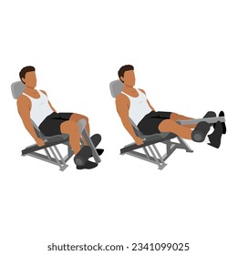 Man doing seated machine leg extensions exercise. Flat vector illustration isolated on white background