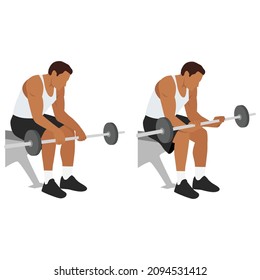 Man doing Seated palm down wrist curls exercise. Flat vector illustration isolated on white background
