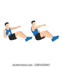 Man doing seated punches exercise. Flat vector illustration isolated on white background