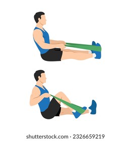 Hombre haciendo ejercicio de flexión de rodilla de resistencia sentada. Ilustración vectorial plana aislada en fondo blanco