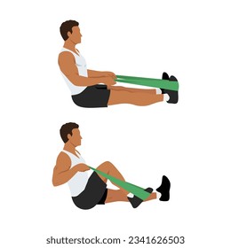 Man doing seated resistance knee flexion exercise. Flat vector illustration isolated on white background