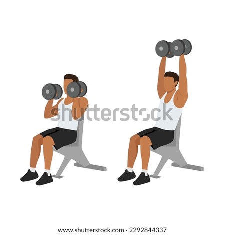 Man doing Seated Shoulder hammer. Overhead presses exercise. Flat vector illustration isolated on white background