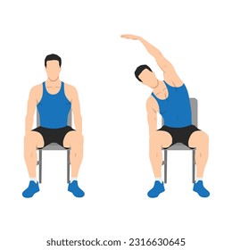 Man doing seated side bends or lat stretch exercise. Flat vector illustration isolated on white background